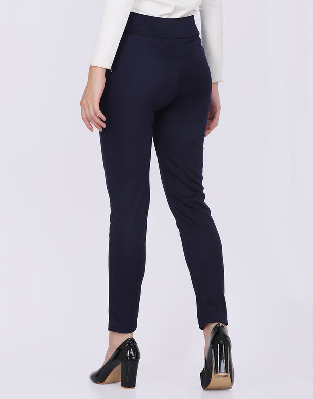 Lycra Navy Skinny Fit Solid Trouser Pant with Buckle-2587