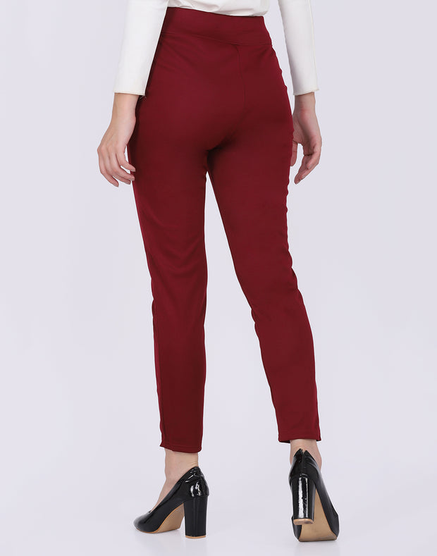 Lycra Maroon Skinny Fit Solid Trouser Pant with Buckle-2590