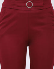 Lycra Maroon Skinny Fit Solid Trouser Pant with Buckle-2590