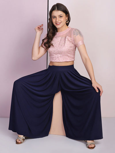 Navy Lycra Solid Pleated Flared Elephant Palazzo Pant-2679