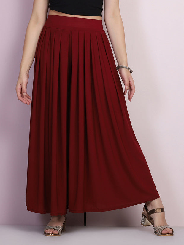 Maroon Lycra Solid Pleated Flared Elephant Palazzo Pant-2681