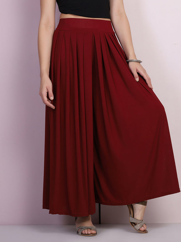 Maroon Lycra Solid Pleated Flared Elephant Palazzo Pant-2681