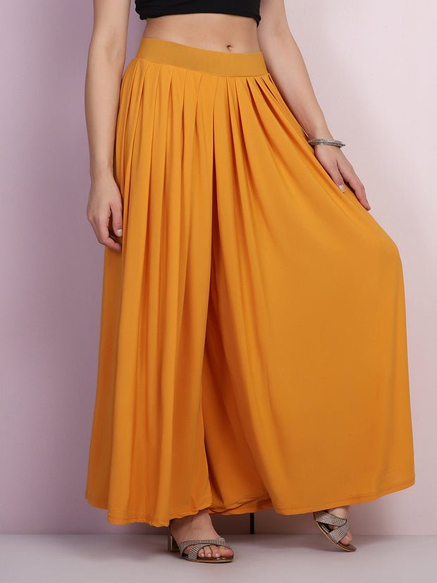 Yellow Lycra Solid Pleated Flared Elephant Palazzo Pant-2682