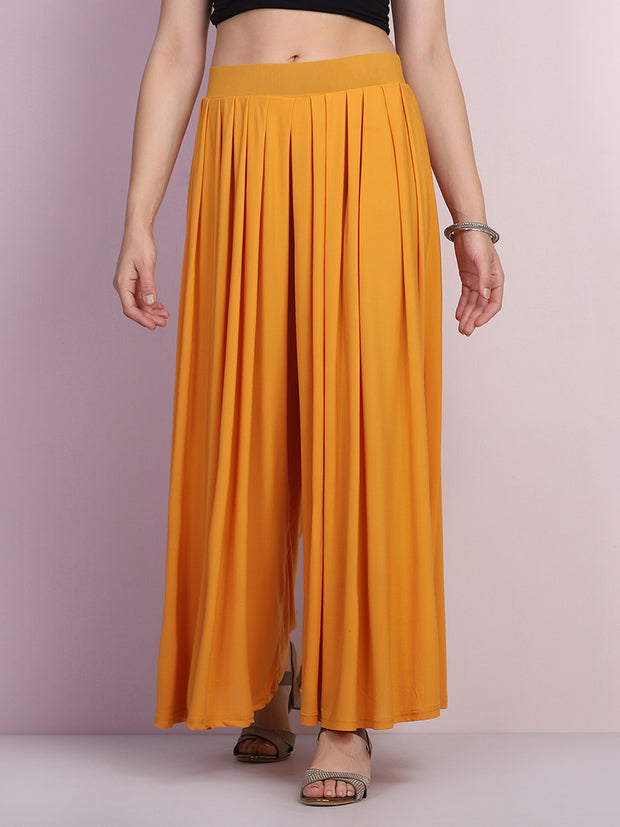 Yellow Lycra Solid Pleated Flared Elephant Palazzo Pant-2682