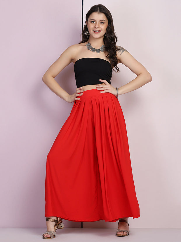 Red Lycra Solid Pleated Flared Elephant Palazzo Pant-2683