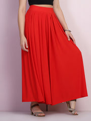 Red Lycra Solid Pleated Flared Elephant Palazzo Pant-2683