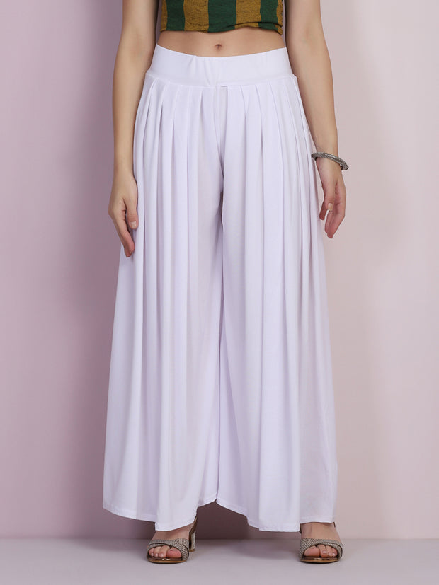 White Lycra Solid Pleated Flared Elephant Palazzo Pant-2686