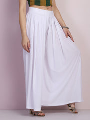 White Lycra Solid Pleated Flared Elephant Palazzo Pant-2686