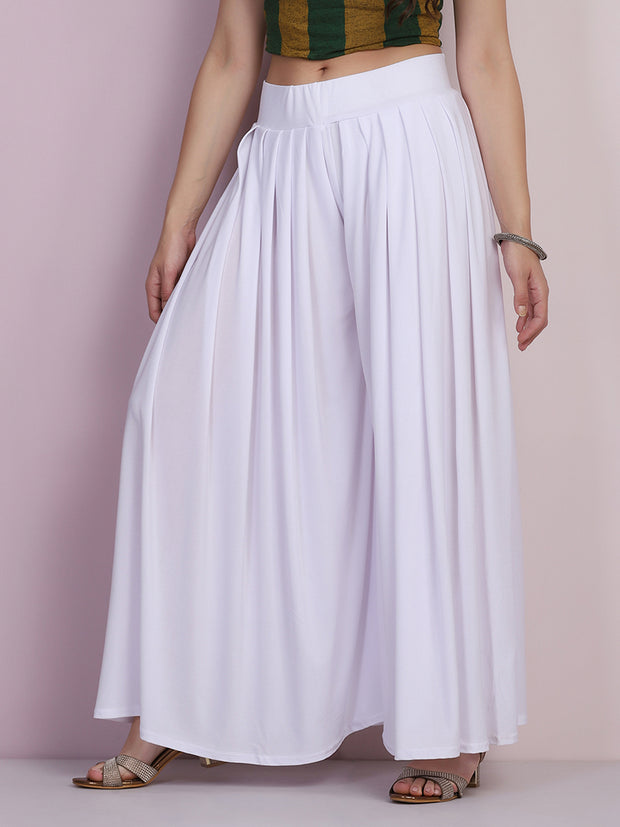 White Lycra Solid Pleated Flared Elephant Palazzo Pant-2686