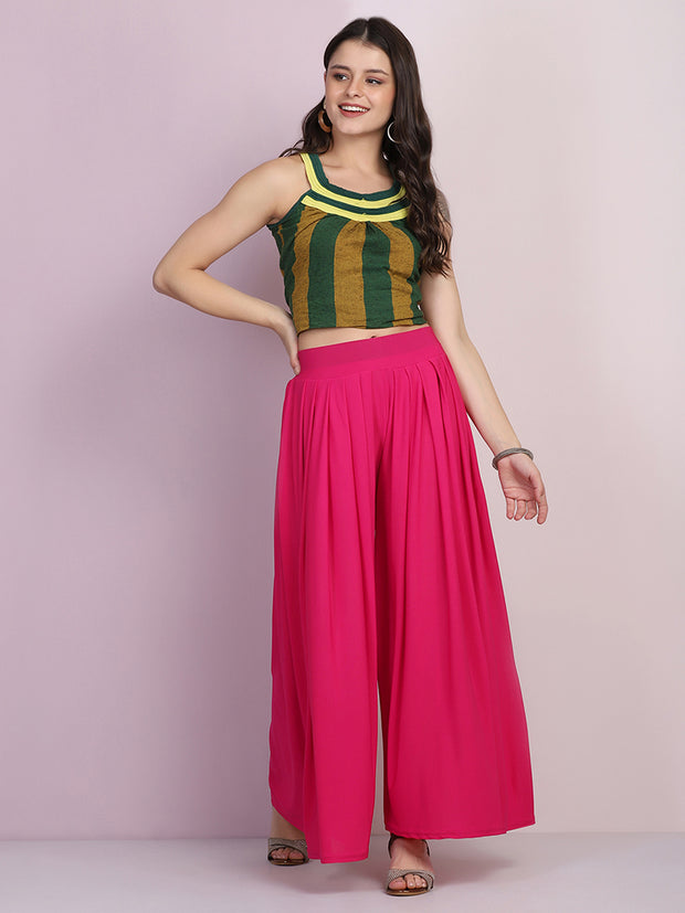 Pink Lycra Solid Pleated Flared Palazzo Pant-2685