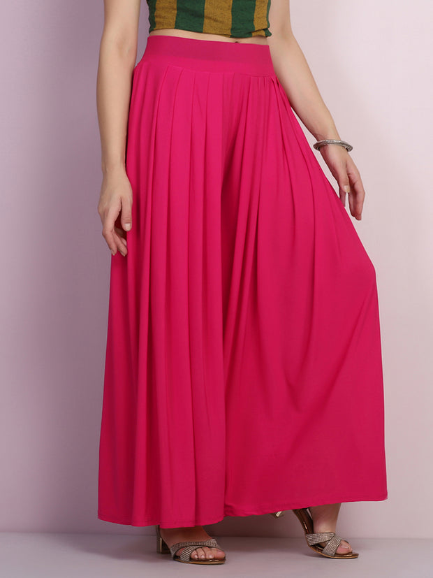 Pink Lycra Solid Pleated Flared Palazzo Pant-2685