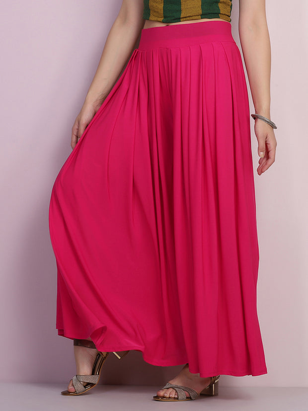 Pink Lycra Solid Pleated Flared Palazzo Pant-2685