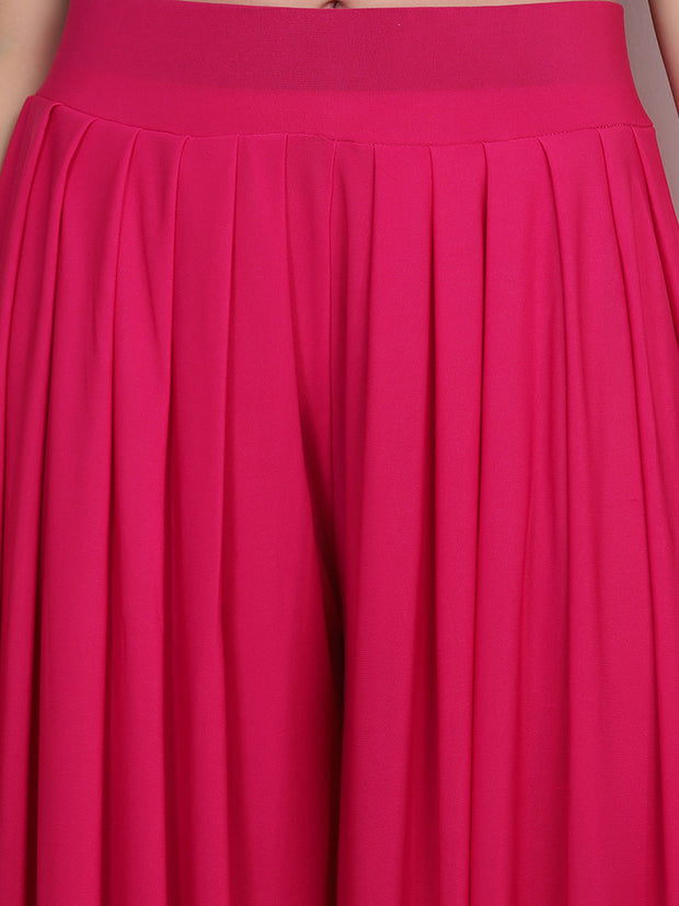 Pink Lycra Solid Pleated Flared Palazzo Pant-2685