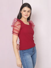 Maroon Half Sleeve Carrera Plain Net Top-2476B