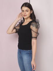 Black Half Sleeve Carrera Plain Net Top-2477B