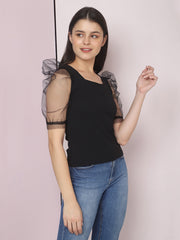 Black Half Sleeve Carrera Plain Net Top-2477B