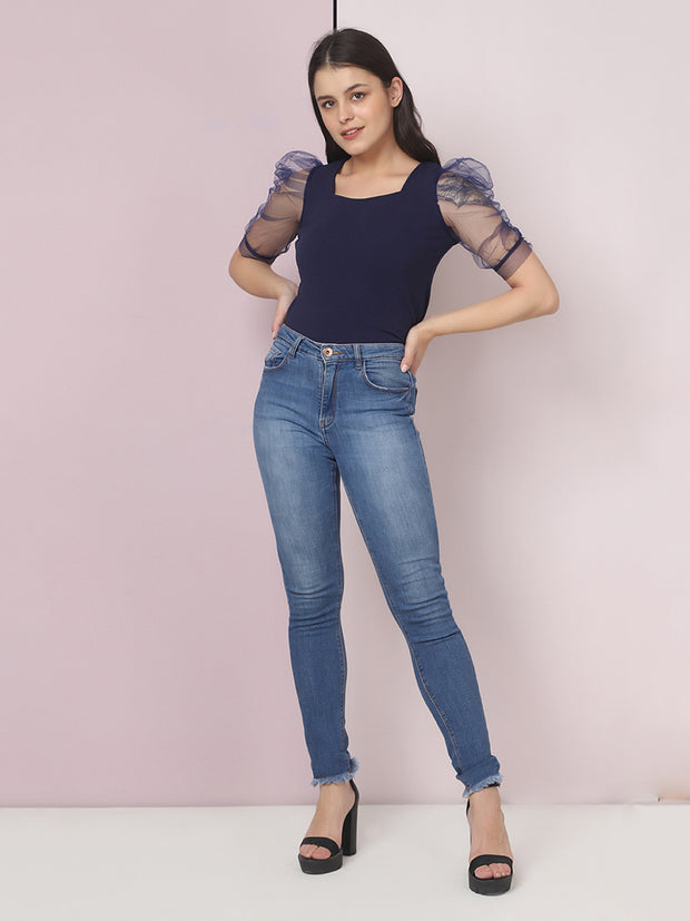 Navy Blue Half Sleeve Carrera Plain Net Top-2478