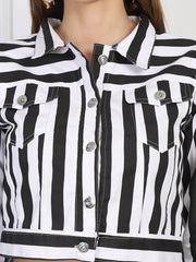 Twill Denim Black White Striped Women Jacket-2730