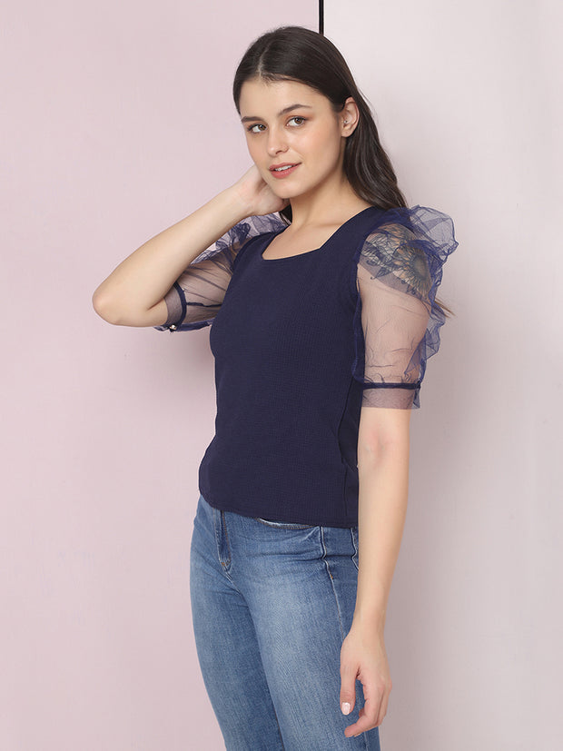 Navy Blue Half Sleeve Carrera Plain Net Top-2478