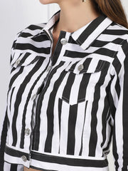 Twill Denim Black White Striped Women Jacket-2730