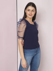 Navy Blue Half Sleeve Carrera Plain Net Top-2478