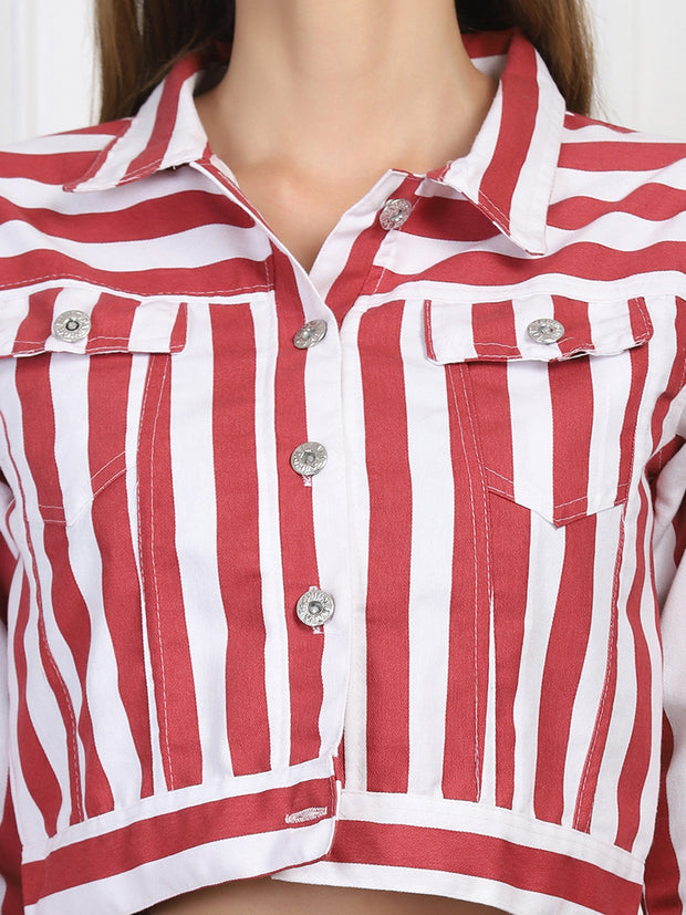 Twill Denim Gajri White Striped Women Jacket-2732