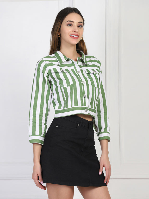 Twill Denim Green White Striped Women Jacket-2733