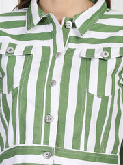 Twill Denim Green White Striped Women Jacket-2733