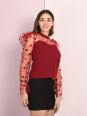 Maroon Carrera Polka Dot Puff Sleeve Net Top-2719