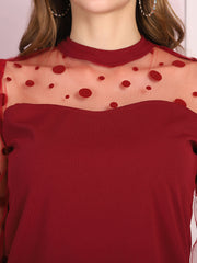 Maroon Carrera Polka Dot Puff Sleeve Net Top-2719