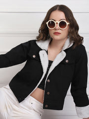 Black Twill Denim Comfort Fit Women Fur Jacket-2734