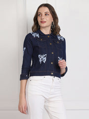 Dark Blue Butterfly Printed Denim Jacket For Women-2741