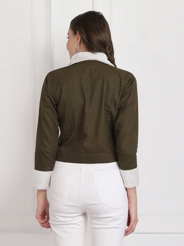 Dark Green Twill Denim Comfort Fit Women Fur Jacket-2736