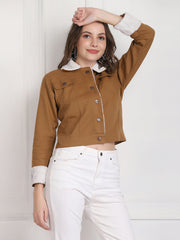 Brown Twill Denim Comfort Fit Women Fur Jacket-2737