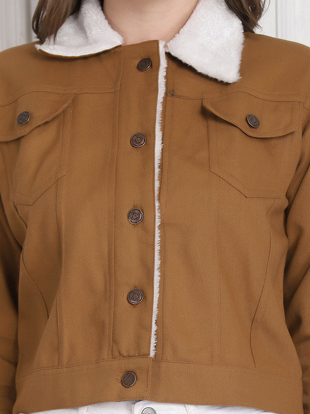 Brown Twill Denim Comfort Fit Women Fur Jacket-2737