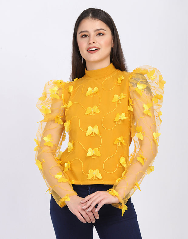 Yellow Cotton Lycra Women's Butterfly Net Top-2600