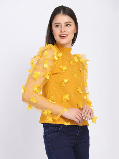 Yellow Cotton Lycra Women's Butterfly Net Top-2600