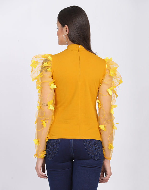Yellow Cotton Lycra Women's Butterfly Net Top-2600