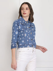 Light Blue Floral Printed Denim Jacket For Women-2739