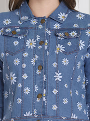 Light Blue Floral Printed Denim Jacket For Women-2739