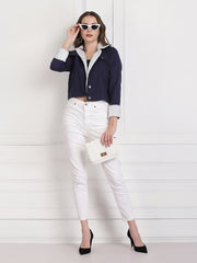 Navy Twill Denim Comfort Fit Women Fur Jacket-2738