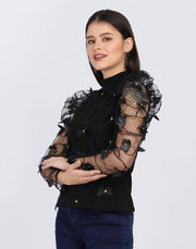 Black Cotton Lycra Women's Butterfly Net Top-2599