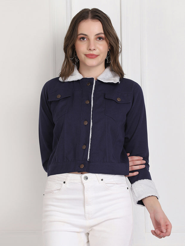 Navy Twill Denim Comfort Fit Women Fur Jacket-2738