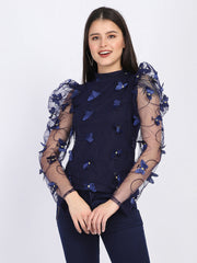 Navy Cotton Lycra Women's Butterfly Net Top-2601