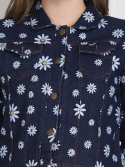 Dark Blue Floral Printed Denim Jacket For Women-2740