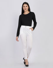 Lycra White Skinny Fit Solid Trouser Pant with Buckle-2598