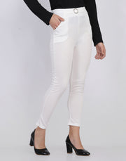 Lycra White Skinny Fit Solid Trouser Pant with Buckle-2598