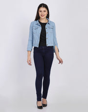 Light Blue Solid Women Regular Denim Jacket-2677