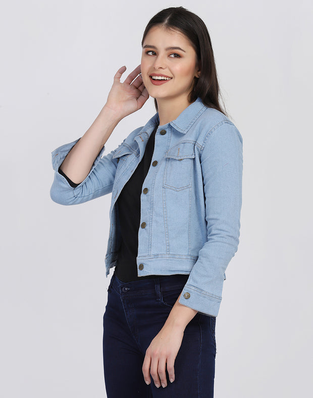 Light Blue Solid Women Regular Denim Jacket-2677