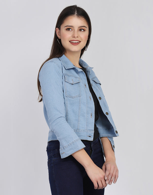 Light Blue Solid Women Regular Denim Jacket-2677